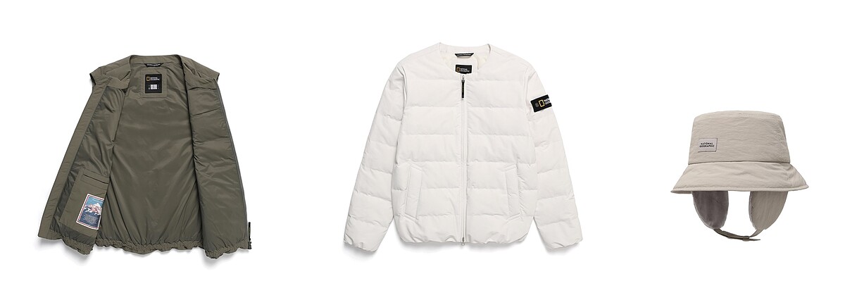 HERON 輕量羽絨背心(KMOCHA)，建議售價NT4,680、HERON 輕量羽絨外套(CRYSTALBEIGE)， 建議售價NT5,780、HERON鋪棉覆耳漁夫帽(BEIGE)，建議售價NT2,180。