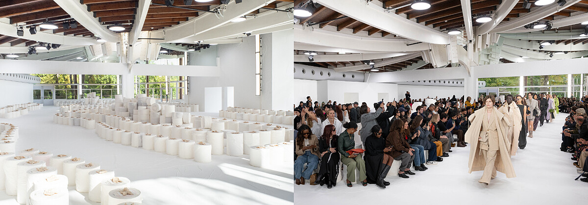 展場中使用的座椅是由壓縮的紙張製成的圓柱體，是ISSEY MIYAKE褶皺技術中的衍伸產物，紋理類似於樹木的年輪更象徵著時間的流逝。