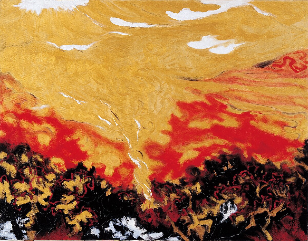 鄭瓊娟，《陽》，2003，油彩、畫布，91&times;116.5公分。臺北市立美術館典藏。臺灣戰後第一代女性藝術家鄭瓊娟，是「五月畫會」創始成員，藝術家生前於2022至2023年間將其畢生重要作品捐贈北美館，從早期畢業的寫實作品到邁向千禧年轉化發展的心象畫，創作歷程曾為了照顧家庭而中斷創作近十年，重拾畫筆後改變風格為奔放且具生命力，探討潛意識、大氣、陰陽與禪學等內在思維。