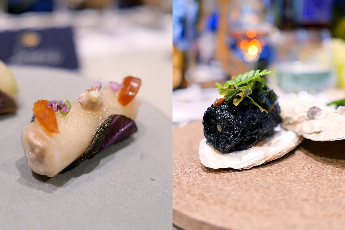 「鮪魚佐雷莫拉醬｜青蘋果｜白蘿蔔｜烏魚子」與「炸牡蠣｜蝦慕斯｜墨魚汁｜大蒜、蔥」。