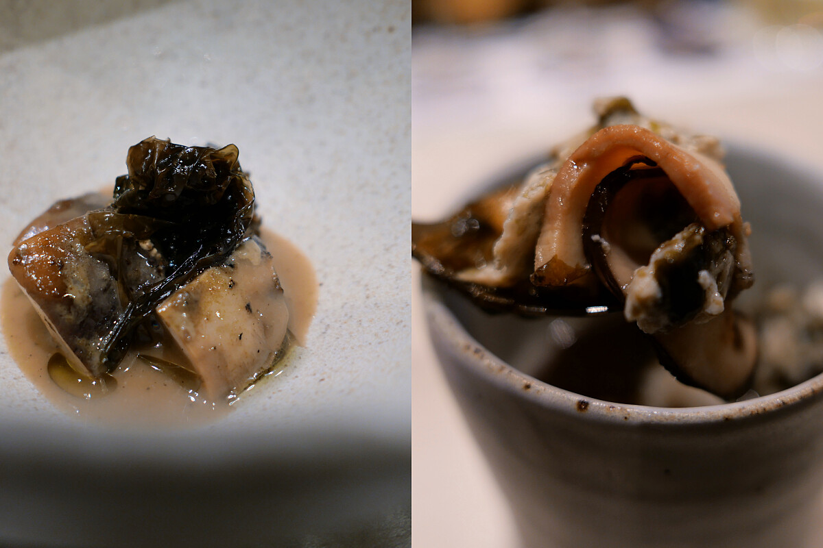 「鮑魚｜香菇｜海藻慕斯｜甘草清湯」。