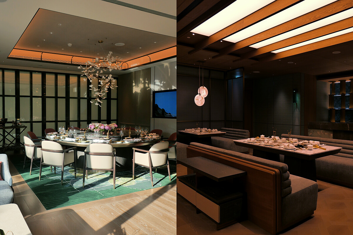 左為採光明亮的包廂空間，右為使用水族箱構築的用餐空間。