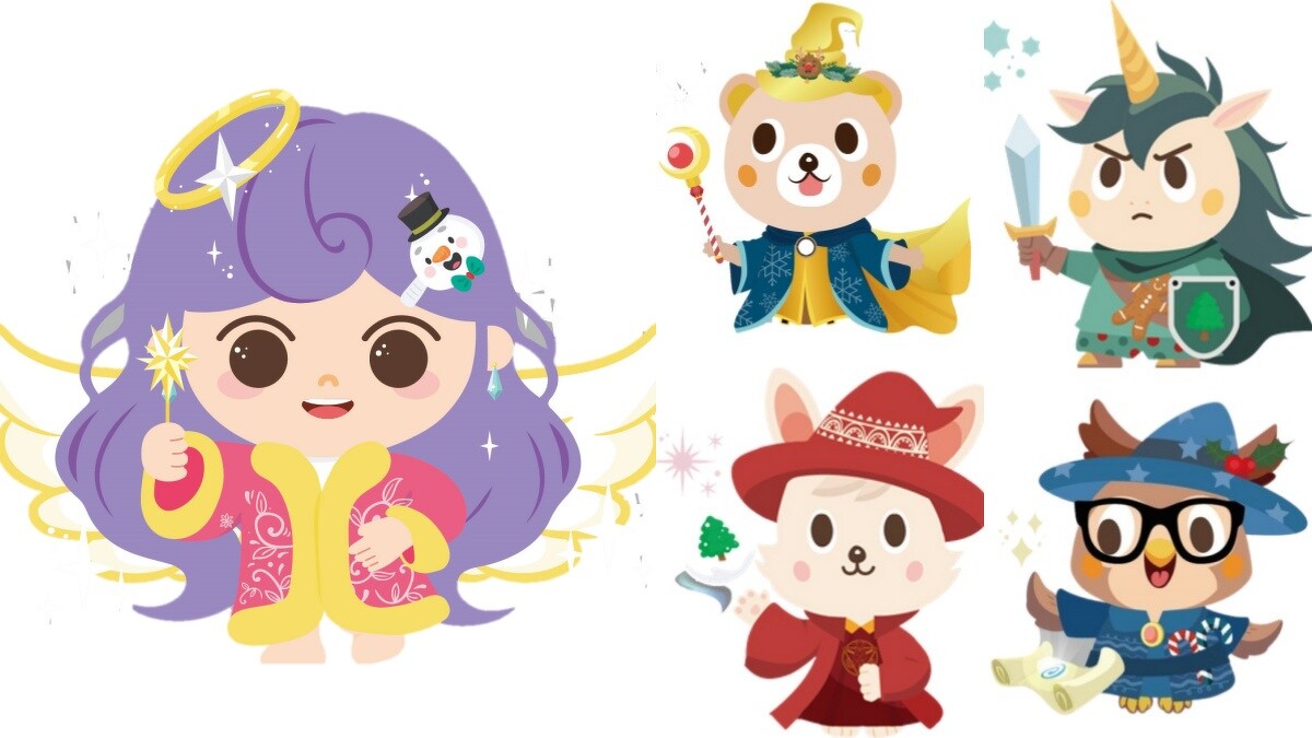 魔法天使、帶領小客（元素探索者）、貓頭鷹（祕法智者）、兔子（靈魂治療師）獨角獸（聖盾守護者）