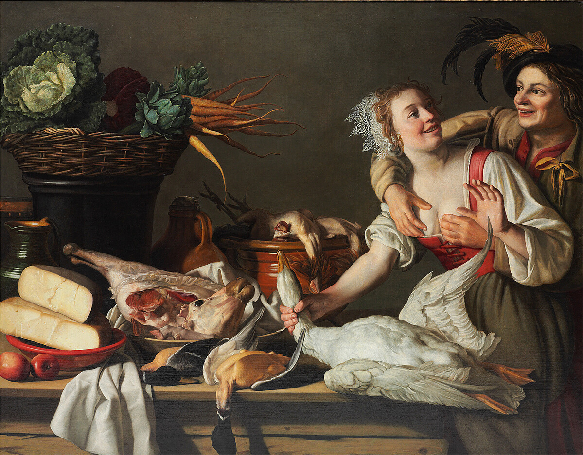 奇美博物館珍藏展《畫師們》，格里特．范．洪索斯特工作坊的作品〈在儲食間布滿食材獵品的桌旁調情的一對男女〉，揭露兩人放縱口腹與情慾之意，亦有道德警醒的暗示。