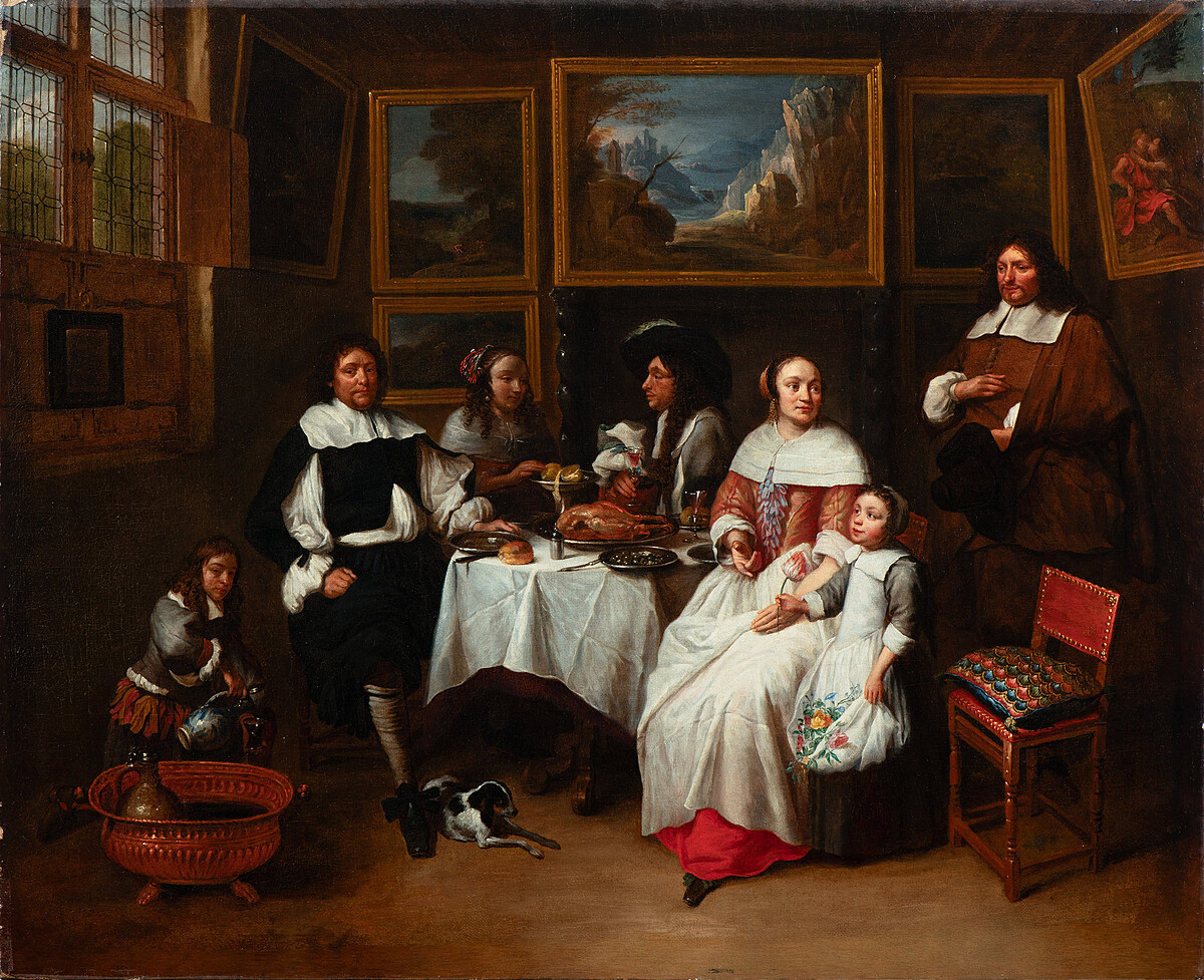 奇美博物館珍藏展《畫師們》，希利斯．范．提勒伯赫二世作品〈全家福〉，豐盛的食物與牆上的畫作透露這戶人家的富裕，以及當時藝術收藏的風潮。