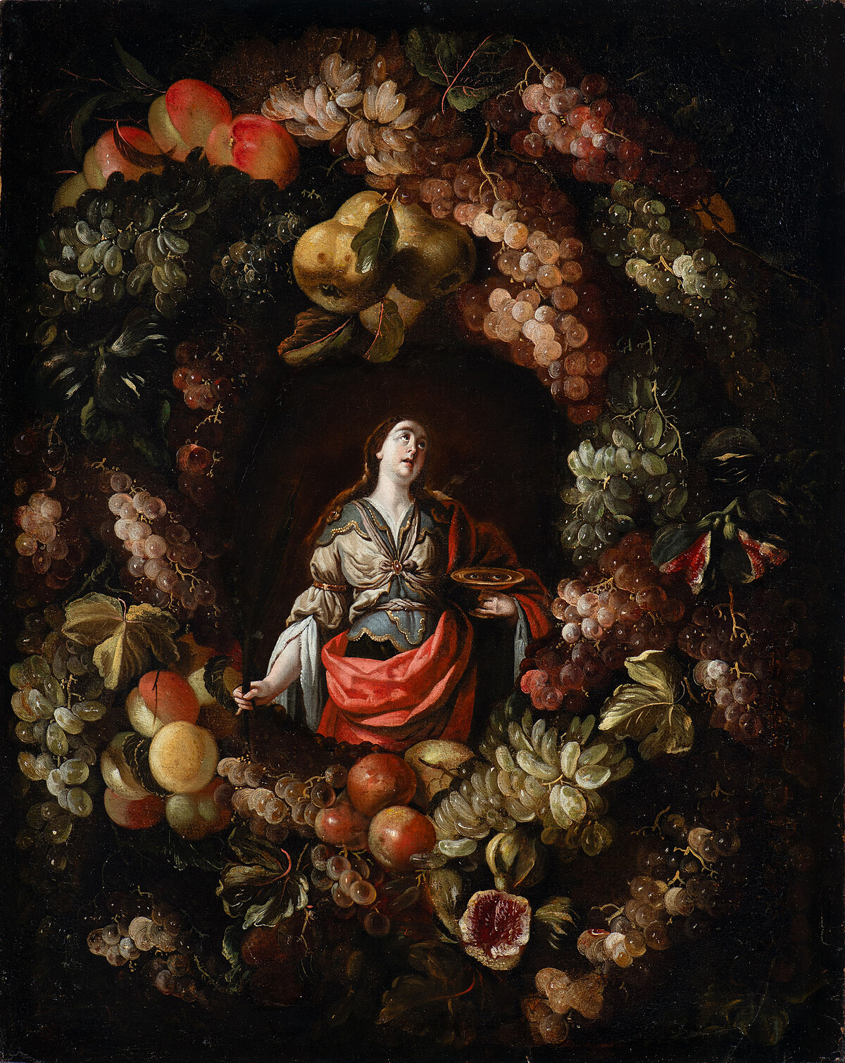 拍照區呼應展出作品〈果實環串中的聖露西〉，其實透過科學檢測發現，部分區域與環串果實靜物屬於不同畫布。