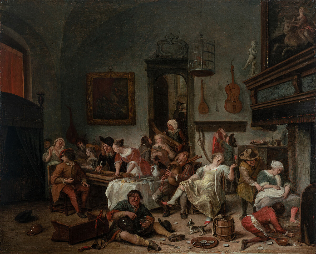 奇美博物館珍藏展《畫師們》，首度展出楊．斯汀作品〈酒館內的嬉樂人群〉，諷刺當時人們隱藏在道德禮俗社會風氣下的真實面貌。