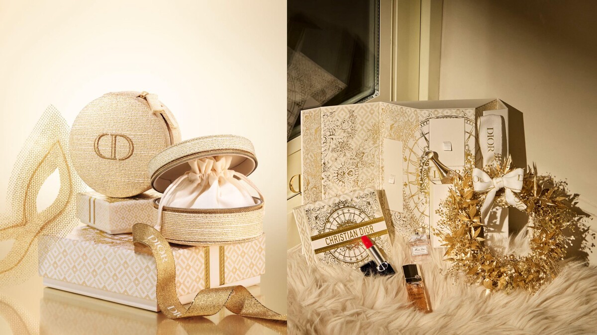 (左)官網獨家單筆滿$5000享「金燦凡爾賽首飾盒」；(右)官網獨家販售「迪奧迷你蒙田美妝禮盒」與官網獨家限量禮「金燦凡爾賽聖誕花圈」。