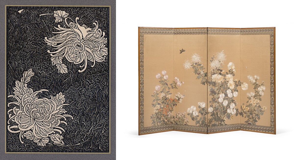 伊勢形紙(模板)_日本明治時代 (1868&ndash;1912年)巴黎裝飾藝術博物館；摺疊屏風(約 1889年)巴黎裝飾藝術博物館。 