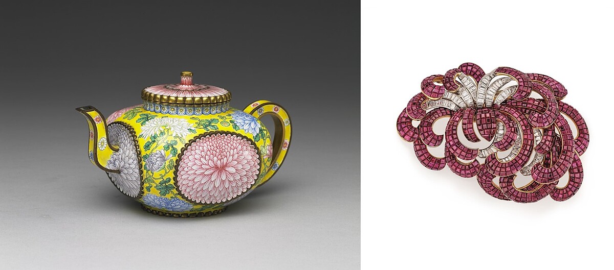 銅胎畫琺瑯菊花紋方壺，清，康熙皇帝 (1662&ndash;1722年)國立故宮博物院；CHRYSANTHEMUM胸針(1937年)_Van Cleef & Arpels Collection。