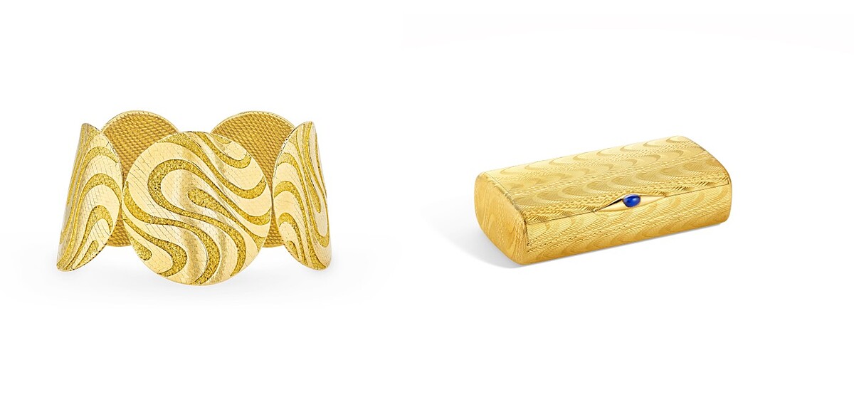 《歐普藝術御門》(OP ART MIKADO)手鐲(1970年)Van Cleef & Arpels Collection；煙盒(1962年)Van Cleef & Arpels Collection。