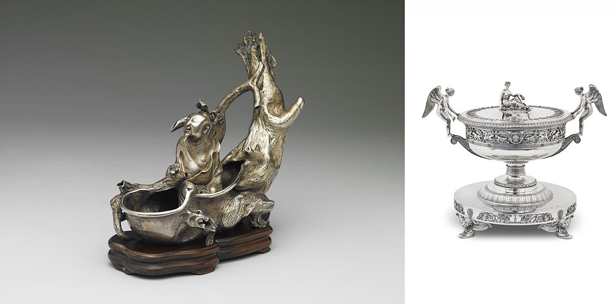 朱碧山款「張騫乘槎」銀槎，元至明 (1271&ndash;1644年)國立故宮博物院；《蓋碗》(TUREEN)_Jean-Baptiste Odiot，法國，(1819年)巴黎裝飾藝術博物館。