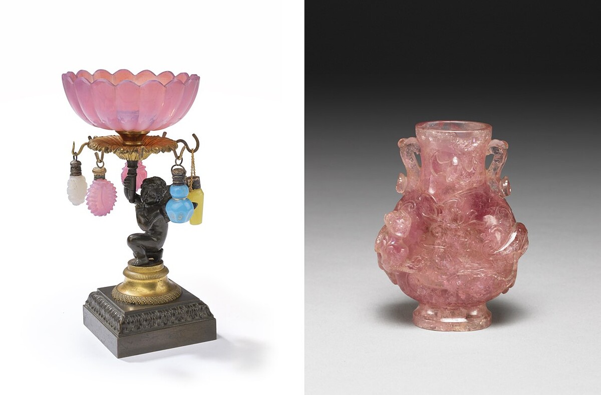 戒指座，法國貝西（Bercy）水晶廠(1815&mdash;1830年)裝飾藝術博物館；碧璽雙耳瓶，清 (1644&ndash;1911 年)國立故宮博物院。 