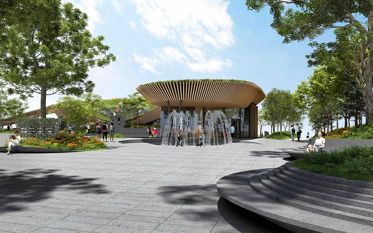 美術館的建築採用鋼構，較傳統混凝土更輕盈且柔韌，減少碳排放。