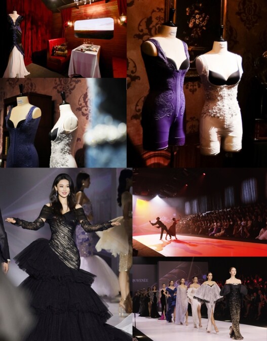 MAISON WENĒE 薇妮體雕衣 2025高級訂製發表「LOVE LETTERS 情書」主題沉浸式展覽空間，呼應大秀主題佈置成二十世紀初年代的列車車廂，並展出高級訂製及限定款 MAISON WENĒE 薇妮體雕衣(上圖)；由MAISON WENĒE 薇妮體雕衣 全球代言人、知名演員張馨予，壓軸演繹的暗黑風高級訂製服(下圖)