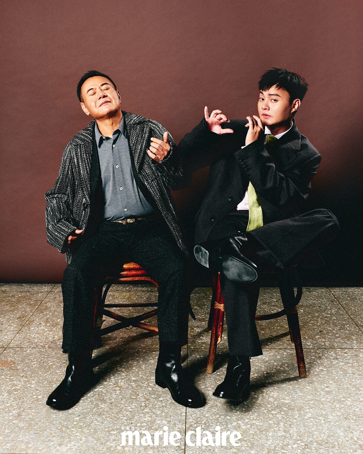 蔡振南/灰色襯衫、黑色西裝外套、格紋長版大衣、黑色西裝褲,all by Boss;黑色皮鞋,Bottega Veneta。