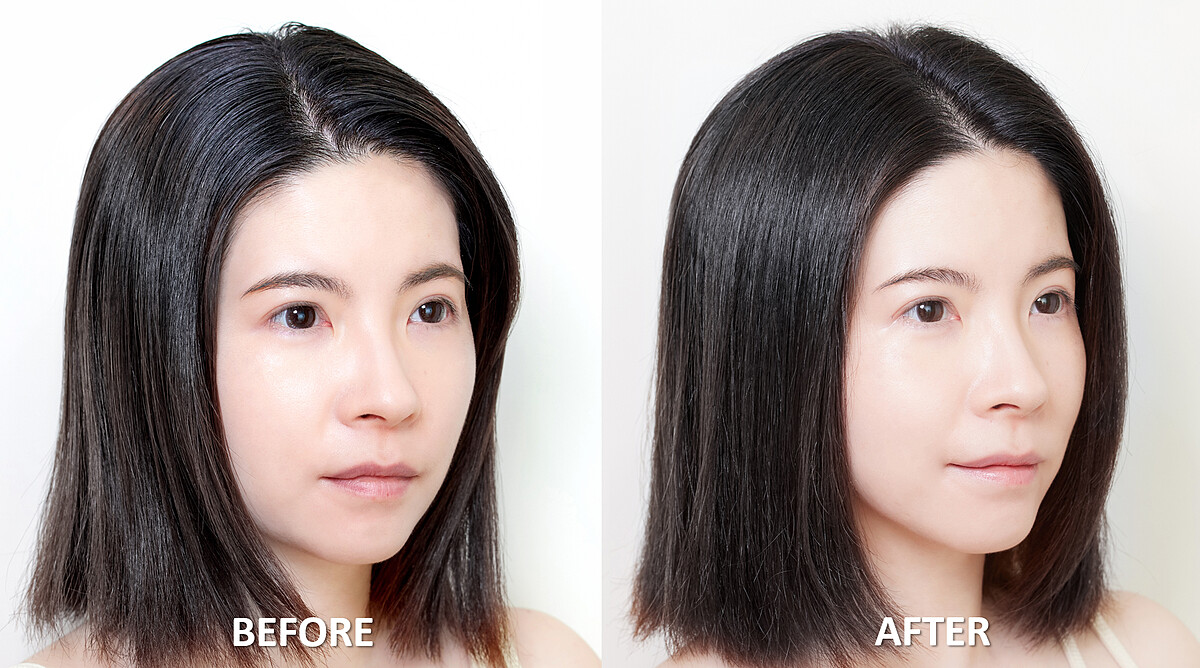 左:未使用前,頭髮出油扁塌、頭皮悶悶不透氣,右:使用後,頭皮清爽會呼吸、頭髮蓬鬆輕盈。