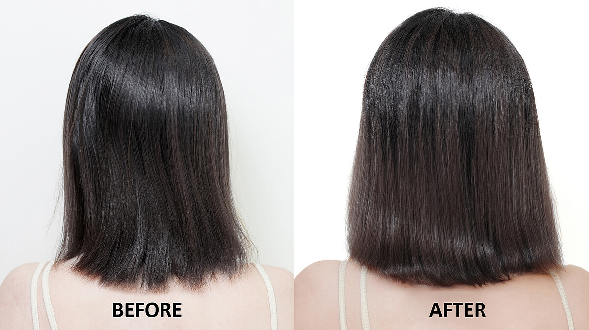 左:未使用前,頭皮出油、頭髮扁塌,右:使用後,頭皮清爽、頭髮蓬鬆。