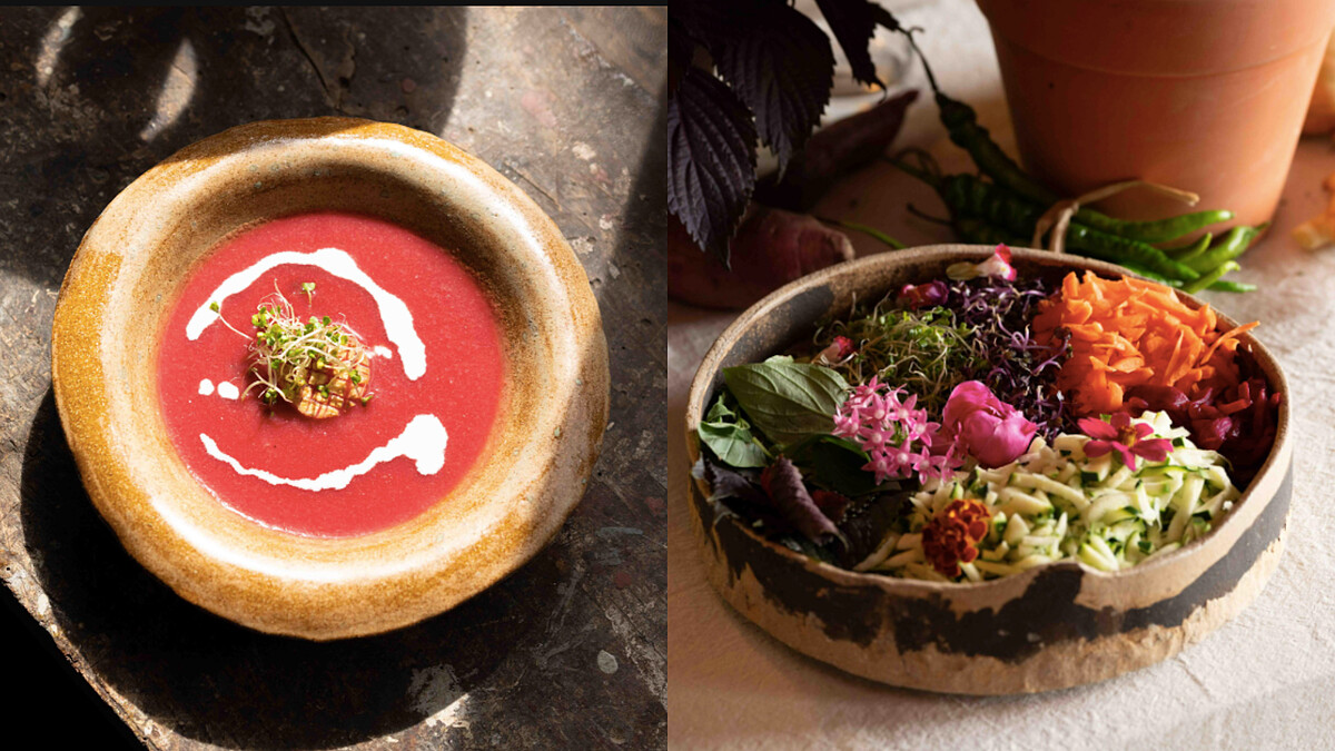 粉紅宴會餐點依序為:三日苗甜菜根發酵濃湯