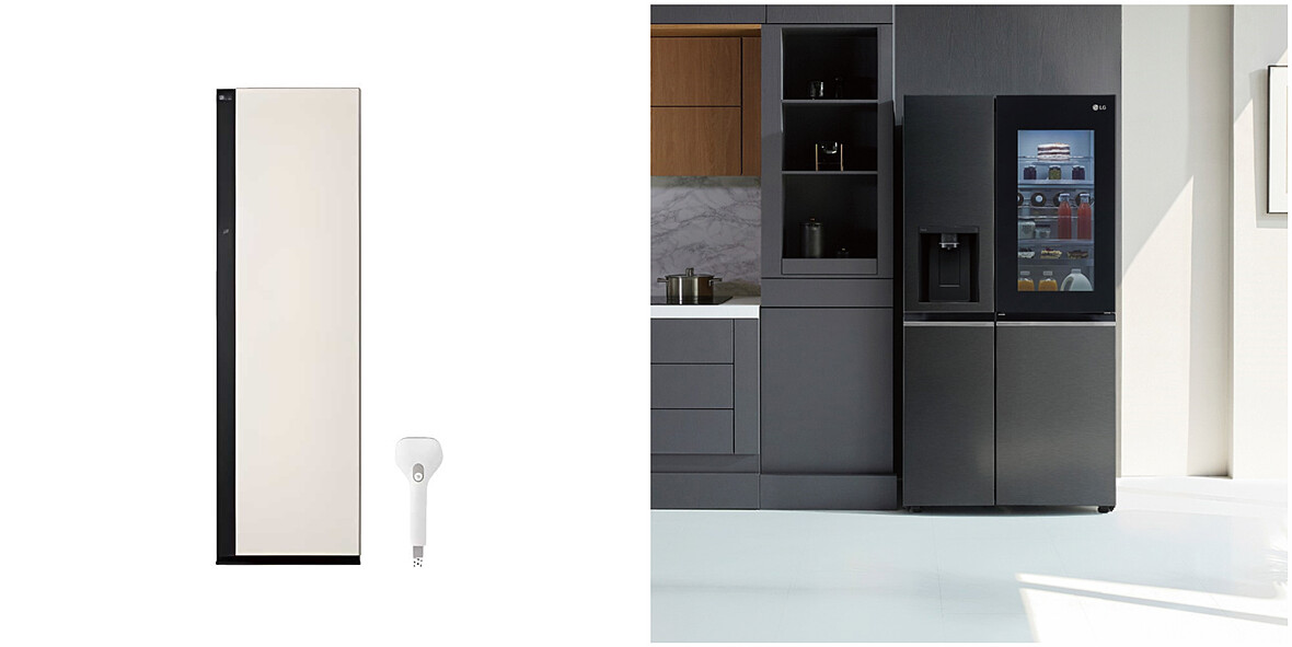 集雅社ALL NEW Styler蒸氣電子衣櫥Objet Collection手持蒸氣掛燙款，推薦價NT59,900 (DIAMOND TOWERS)；LG InstaView&trade;敲敲看門中門冰球冰箱 星夜黑/734公升(GR-QPLC82BS)，推薦價NT89,900(台南新天地)。