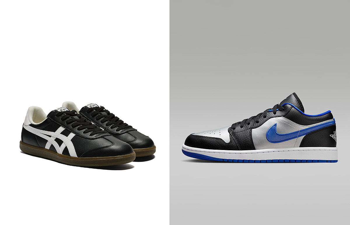 Onitsuka Tiger 鬼塚虎 TOKUTEN-黑底白爪紋鞋款，推薦價NT4,280(台南新天地)；NIKE Air Jordan 1球鞋，特價NT3,420、原價NT3,800(高雄左營店)。