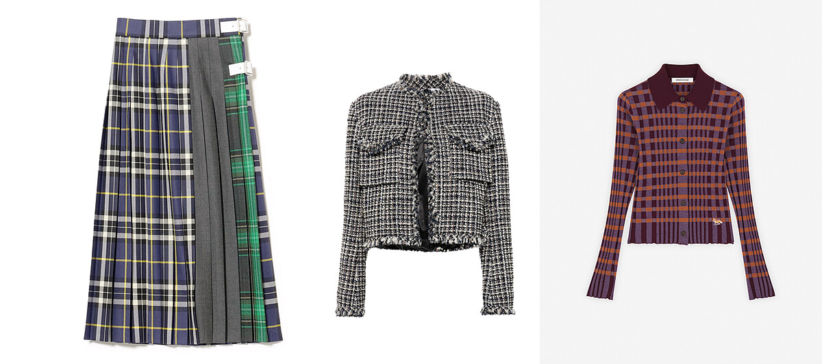 BEAMS O&rsquo;NEIL OF DUBLIN &times; Demi-Luxe BEAMS 女裝羊毛拼接EASY長裙，推薦價NT13,200(全台獨家DIAMOND TOWERS)；TRENDS Sacai 毛呢鋪棉外套，推薦價NT44,660(全台獨家DIAMOND TOWERS)；Maison Kitsun&eacute; 茄子紫跳色格紋小狐狸LOGO羅紋上衣，推薦價15,300元Maison Kitsun&eacute;茄子紫跳色格紋小狐狸LOGO羅紋上衣，推薦價NT15,300 (DIAMOND TOWERS)。 