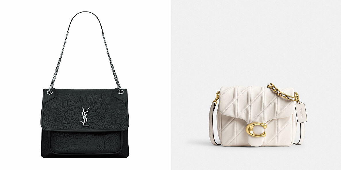 Saint Laurent NIKI粒面小羊皮大型手袋(台南新天地)，COACH TIMES SQUARE TABBY絎縫單肩手袋(高雄左營店)。