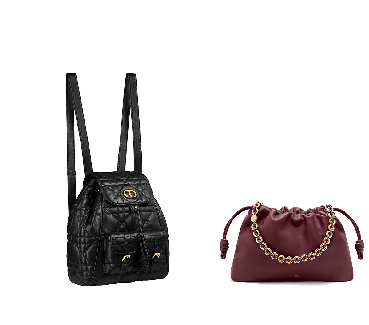 DIOR CARO黑色小羊皮MACROCANNAGE大型籐格紋後背包中型款(DIAMOND TOWERS)，LOEWE Flamenco Purse Large 深酒紅色納帕小羊皮肩背提包(DIAMOND TOWERS)。 