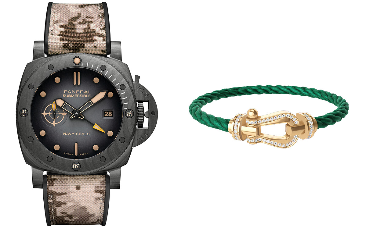 PANERAI Submersible Navy SEALs 44毫米兩地時區碳纖維潛水錶NT607,000(DIAMOND TOWERS)；FRED Force 10 系列大號18K黃金鑽石手鏈、扣環NT228,400，手繩NT10,300(DIAMOND TOWERS)。 