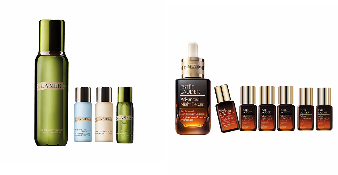 LA MER補水嫩亮組(限量)，特價NT6,840，原價NT10,270(台南新天地)；ESTEE LAUDER全方位小棕修護組，特價NT4,450，原價NT8,900(台南新天地11/7限定發售)。 