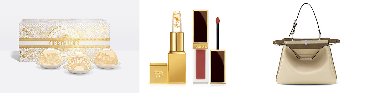 迪奧香氛世家系列 室內擴香組(伊甸岩度假香氛/月桂饗宴香氛/橙之花園香氛/尊爵烏木香氛) 推薦價NT24,500(DIAMOND TOWERS 11.14新品上市)；TOM FORD絨霜唇萃金箔唇膏組，推薦價NT4,085(DIAMOND TOWERS 11月14日新品上市)；FENDI小牛皮Peekaboo Soft包款(DIAMOND TOWERS)。