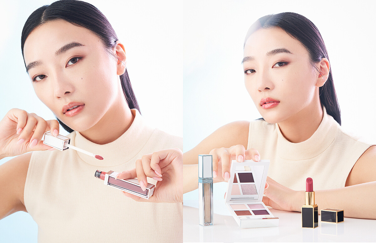 左:太陽親吻限量設計師奢華水唇萃 #18 Pinnacle(女伶莓粉色調) / 右: 太陽親吻限量設計師奢華水唇萃 #16 Celestial(極境冰透色調)/太陽親吻限量高級訂製四格眼盤/TOMFORD設計師唇膏 #19(RUNWAY ROSE)