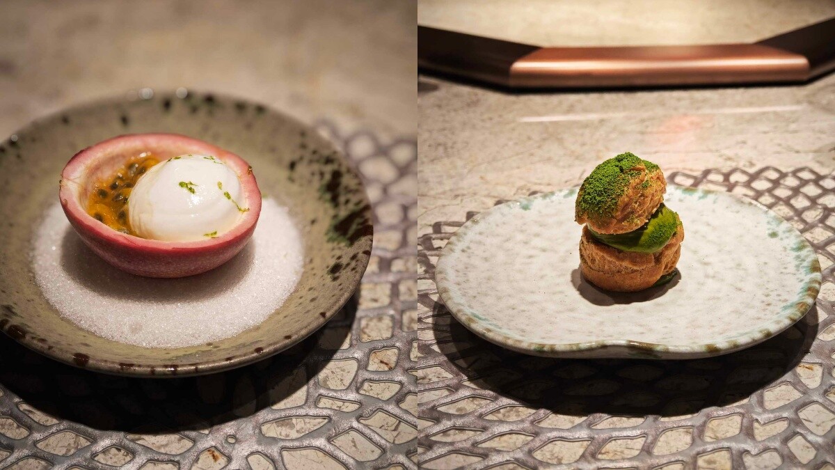 甜點為百香果優格、抹茶泡芙