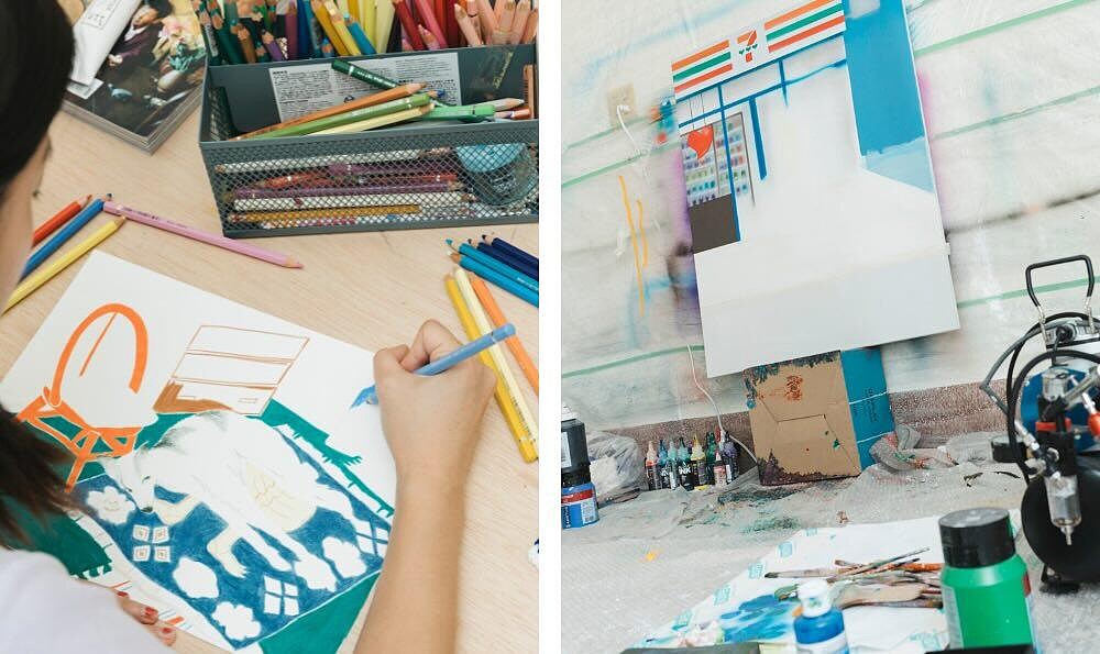 工作室的一隅為日常噴槍創作的空間