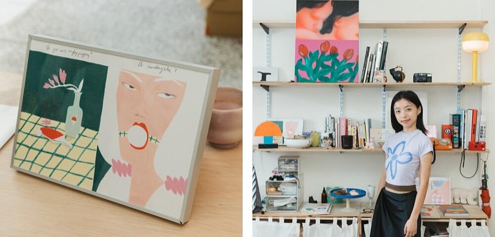 左／為Beryl受到熱烈迴響的乒乓球畫作；右／Beryl工作室的收藏牆