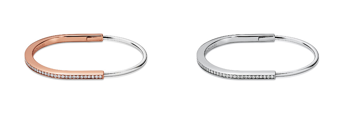 Tiffany Lock 18K玫瑰金及白金半舖鑲鑽石窄版手環；Tiffany Lock 18K白金半舖鑲鑽石窄版手環。