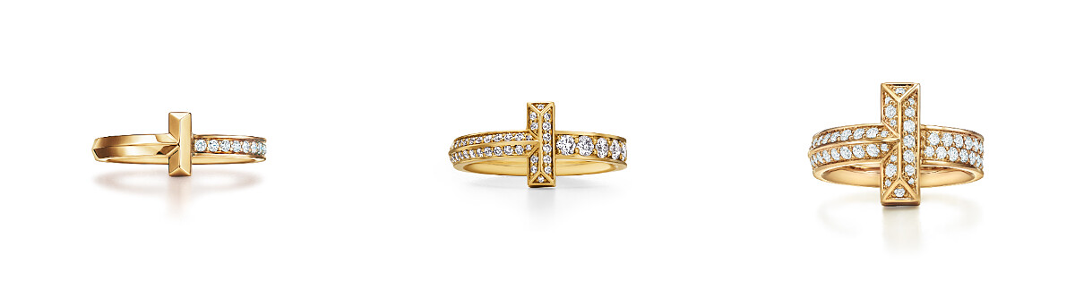 Tiffany T1 18K窄版鑽石戒指；Tiffany T1 Narrow系列18K金舖鑲鑽石窄版戒指；Tiffany T1 18K寬版舖鑲鑽石戒指。