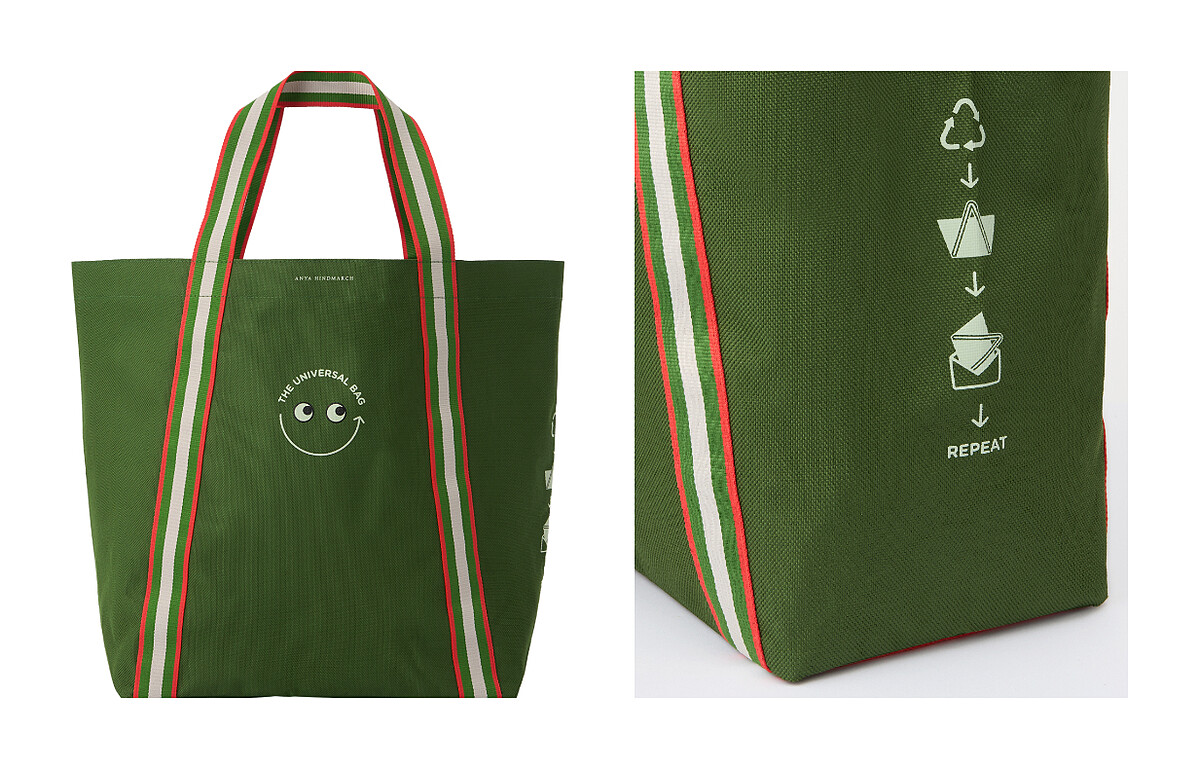  ANYA HINDMARCH的「The Universal Bag」購物袋採用100%再生塑料製成，每個製作步驟和所用物料均經過全球回收標準（Global Recycling Scheme, GRS）認證，是名副其實100%再生產品。