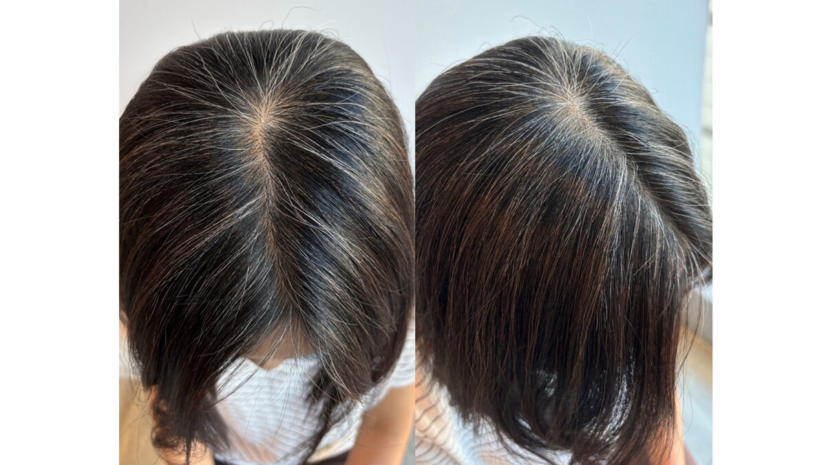 未使用前，整頭佈滿白髮髮絲。