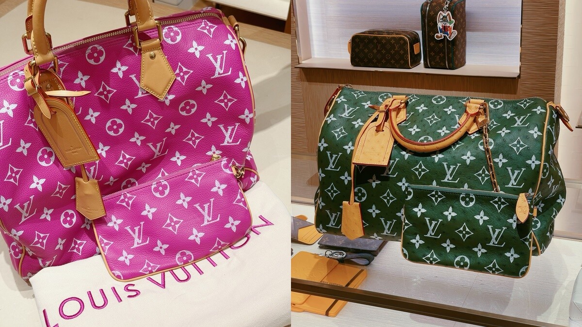 Speedy P9 Bandoulière 40 瑪瑙粉色小牛皮肩背包NT$362,000、Speedy P9 Bandoulière 40 橄欖綠色鴕鳥皮肩背包,NT$1,160,000。