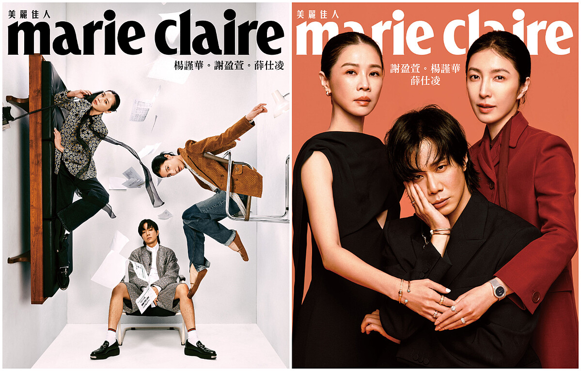 【左】(楊謹華）羊毛真絲卡迪布Ancroa紅外套、Ancroa紅皮革短褲、白色短襪、Horsebit橡膠厚底樂福鞋；all by Gucci；Limelight Gala系列18K白金砂金石鑽石珠寶腕錶、鉑金單鑽戒指、Possession系列18K白金鑽石戒指，all by Piaget。（薛仕凌）混色GG水鑽刺繡夾克、混色GG水鑽刺繡短褲、白色短襪、Horsebit橡膠厚底樂福鞋；all by Gucci；Possession系列18K玫瑰金宮廷式雕刻飾紋鑽石手鐲、戒指、18K白金宮廷式雕刻飾紋鑽石手鐲，all by Piaget。【右】 (謝盈萱)黑色深 V 晚裝，by Gucci；Possession系列18K玫瑰金土耳其石手鐲、宮廷式雕刻飾紋鑽石手鐲、耳環、戒指，all by Piaget。(楊謹華）羊毛真絲卡迪布Ancroa紅外套，by Gucci；Limelight Gala系列18K白金砂金石鑽石珠寶腕錶、鉑金單鑽戒指、Possession系列18K白金鑽石戒指，all by Piaget。（薛仕凌）混色GG水鑽刺繡夾克，by Gucci；Possession系列18K玫瑰金宮廷式雕刻飾紋鑽石手鐲、戒指、18K白金宮廷式雕刻飾紋鑽石手鐲，all by Piaget。