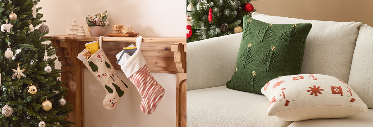 奧可利毛線針織聖誕襪(紅白)，NT499；奧可利刺繡聖誕襪(白雪秘境)，NT599；奧可利針織抱枕套50x50cm（星星樹林/紅帽雪人），NT699。