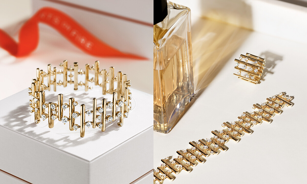 BARRE Multi-Row黃K金鑽石手鍊 鑽石總重約6.40ct NTD1,239,000、BARRE Multi-Row黃K金鑽石戒指 鑽石總重約0.70ct NTD249,000、BARRE Multi-Row黃K金鑽石手鍊 鑽石總重約6.40ct NTD1,239,000。