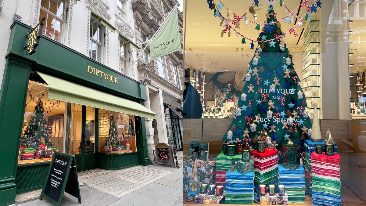 英國倫敦梅菲爾地區的Maison Diptyque London，櫥窗內正裝飾著今年與英國藝術家Lucy Sparrow合作打造的聖誕系列。