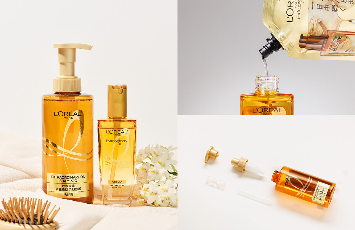 巴黎萊雅「黃金胜肽柔韌修護洗髮露」改用可回收塑膠製成創新環保壓頭，單一材質易回收；「金緻護髮精油」系列推出補充包，更經濟、更環保