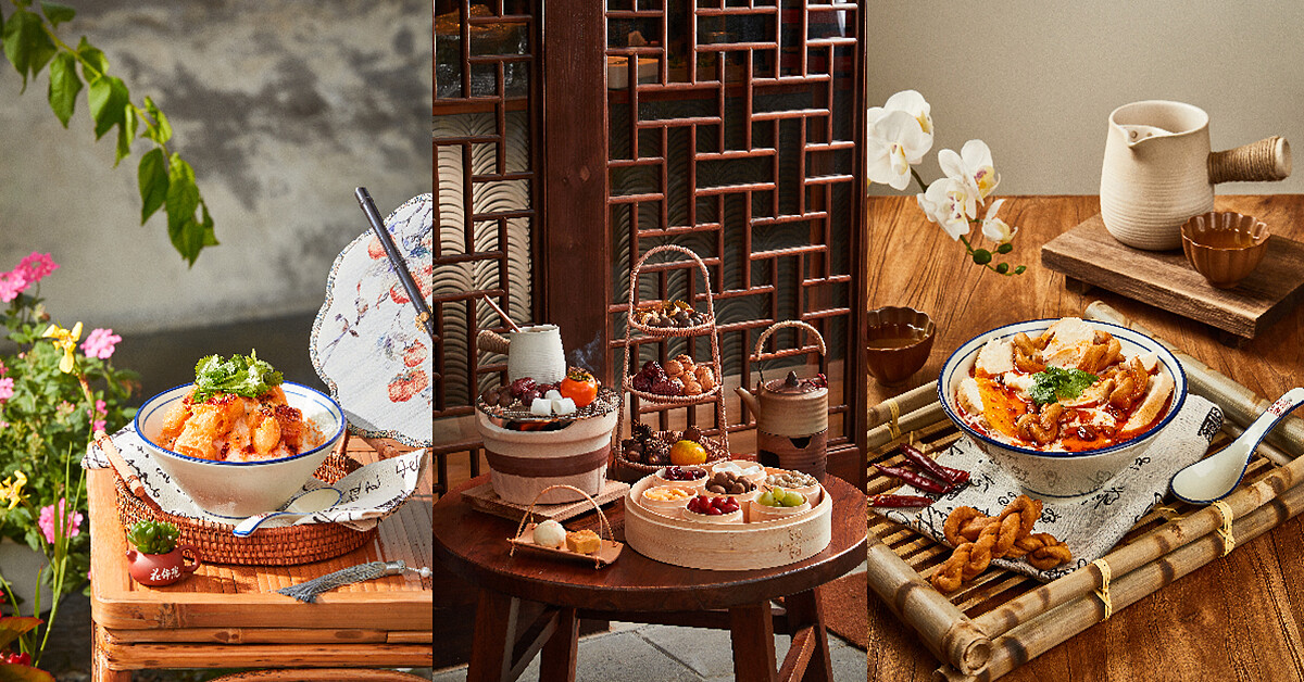 左:特色豆花泡饃,陝西的風味小吃改良,配上自製非基改豆花與提煉的油潑辣仔。 中:身穿漢服體驗圍爐煮茶套餐,體驗溫暖茶文化。 右:豆漿油條雪花冰,甜豆漿做成的雪花冰配上香脆油條與油潑辣仔。