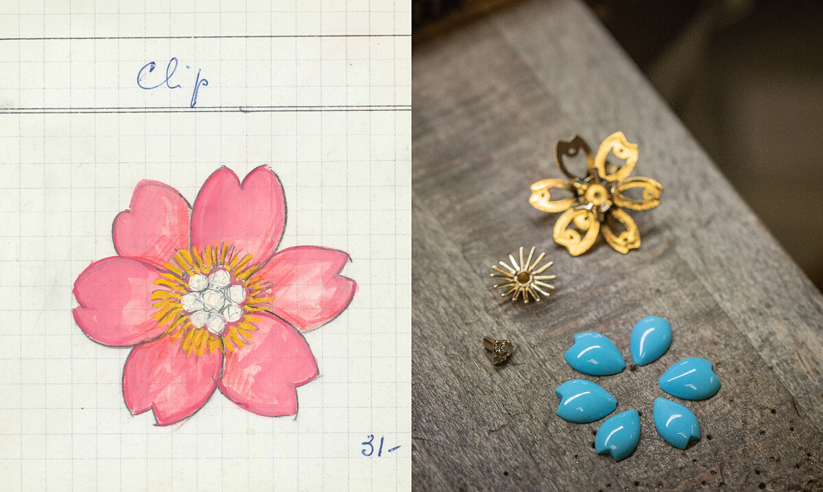 Rose de No&euml;l胸針產品紀錄卡，1970年Van Cleef & Arpels Archives。圖右：組裝作品前配對凸圓形切割寶石。