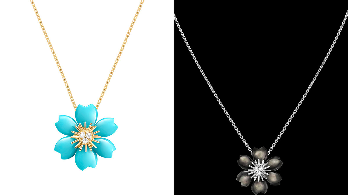 Rose de No&euml;l系列吊墜(迷你款式，18K白金，鑲嵌灰色珍珠母貝和鑽石)、Rose de No&euml;l系列吊墜(迷你款式，18K黃金，鑲嵌綠松石和鑽石)。