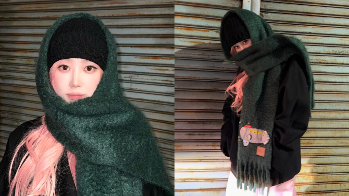 南韓大勢女團aespa Giselle披上最新Loewe馬海毛和羊毛混紡假期系列圍巾，示範可愛毛帽圍法。