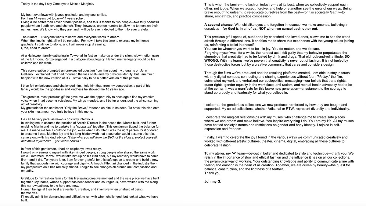 John Galliano在IG社群上發表他離開Maison Margiela的離別信件，信中滿滿的感恩與情緒豐富的內容。